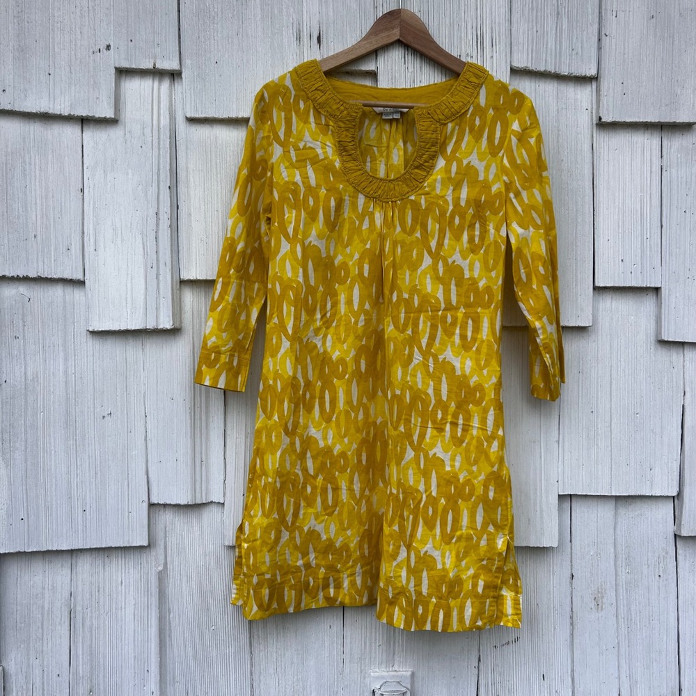 Boden Yellow Geometric Print Tunic Dress 3/4‎ Sleeve V-Neck Size US 6 UK 10